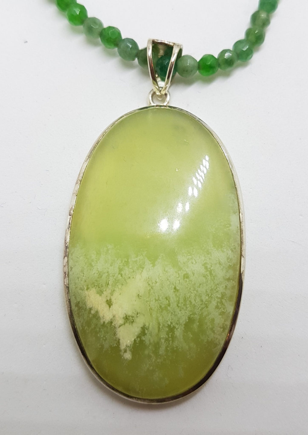 Sterling Silver Large Oval Lizardite Pendant on Green Bead Chain / Necklace