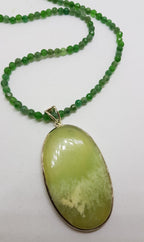 Sterling Silver Large Oval Lizardite Pendant on Green Bead Chain / Necklace