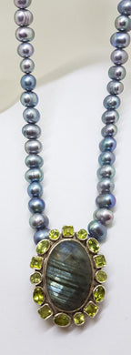 Sterling Silver Large Oval Labradorite surrounded by Peridot Pendant on Blue / Grey Pearl Chain Necklace