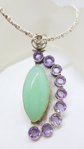 Sterling Silver Very Large and Long Marquis Shape Chalcedony with Amethyst Pendant on Thick Sterling Silver Chain / Necklace