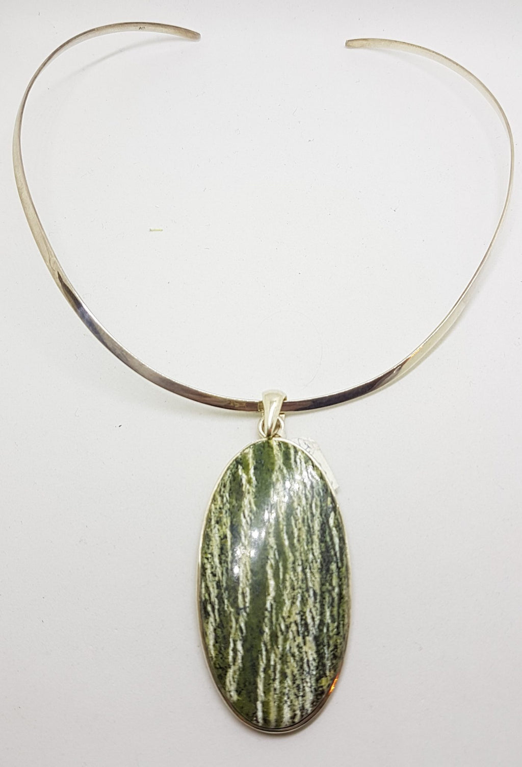 Sterling Silver Large Oval Swiss Green Opal Pendant on Silver Choker Chain / Necklace