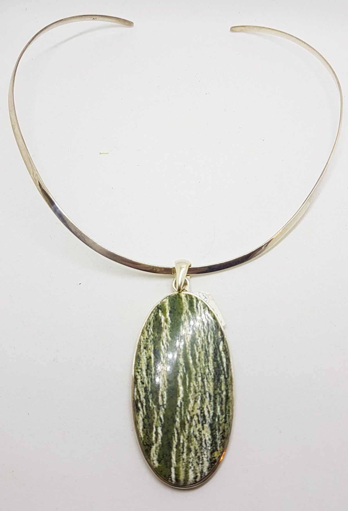 Sterling Silver Large Oval Swiss Green Opal Pendant on Silver Choker Chain / Necklace