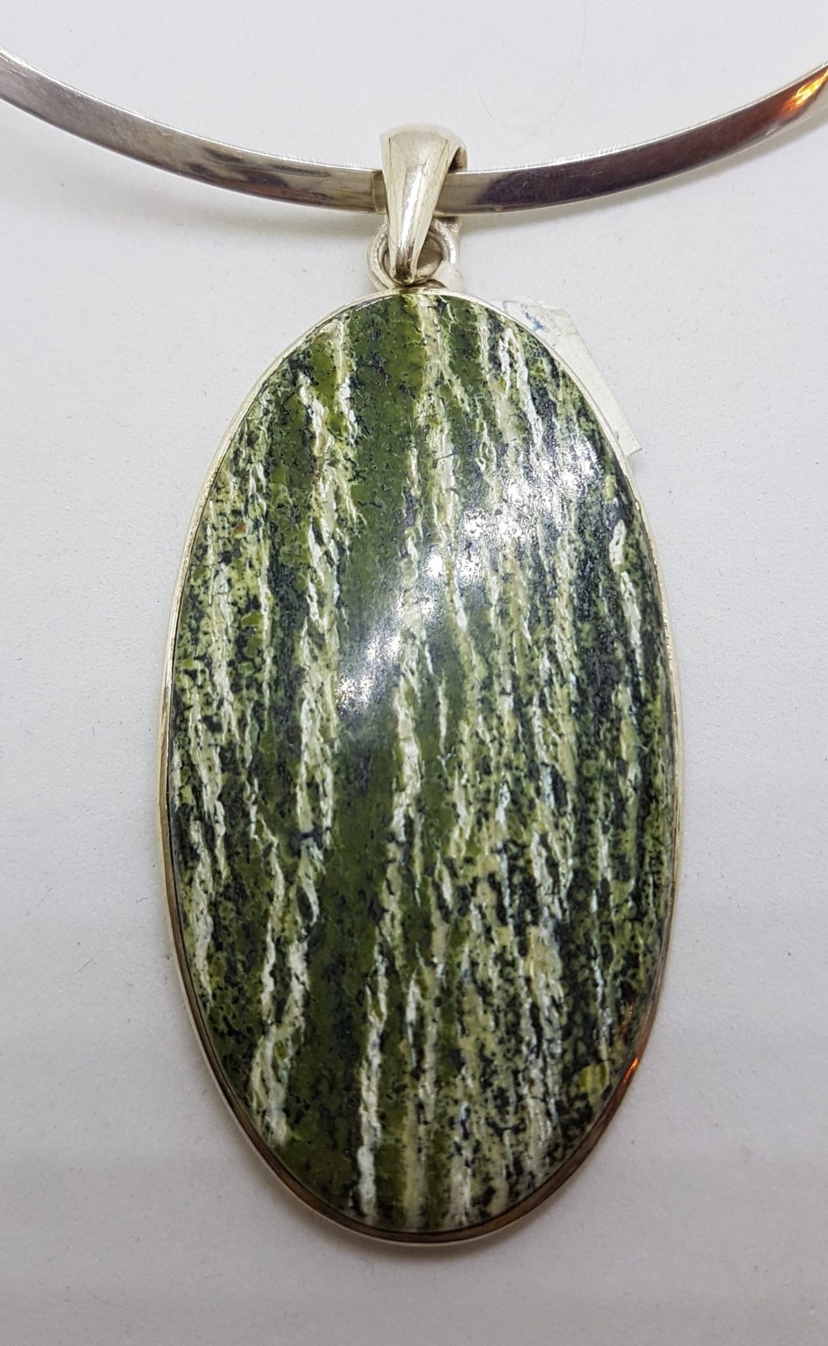 Sterling Silver Large Oval Swiss Green Opal Pendant on Silver Choker Chain / Necklace