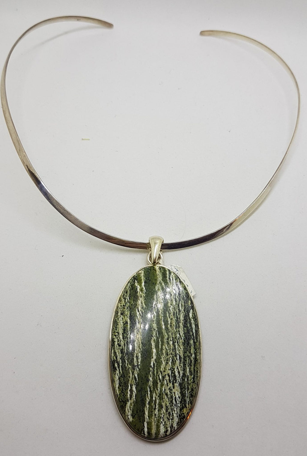Sterling Silver Large Oval Swiss Green Opal Pendant on Silver Choker Chain / Necklace