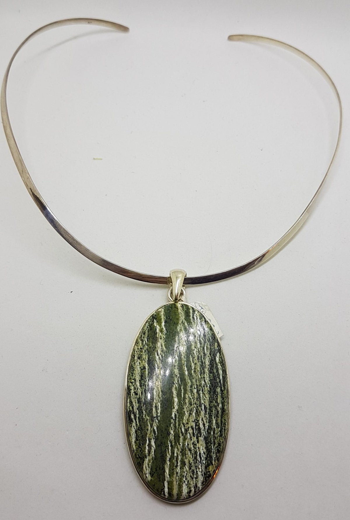 Sterling Silver Large Oval Swiss Green Opal Pendant on Silver Choker Chain / Necklace