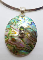 Sterling Silver Paua Shell with Peridot Frog on a Pond Pendant on Silver Choker Chain / Necklace