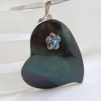Sterling Silver Very Large Paua Shell Heart with Topaz Star Pendant on Silver Choker Chain / Necklace