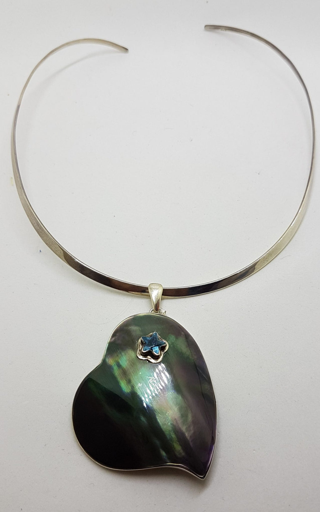 Sterling Silver Very Large Paua Shell Heart with Topaz Star Pendant on Silver Choker Chain / Necklace