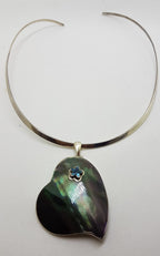 Sterling Silver Very Large Paua Shell Heart with Topaz Star Pendant on Silver Choker Chain / Necklace