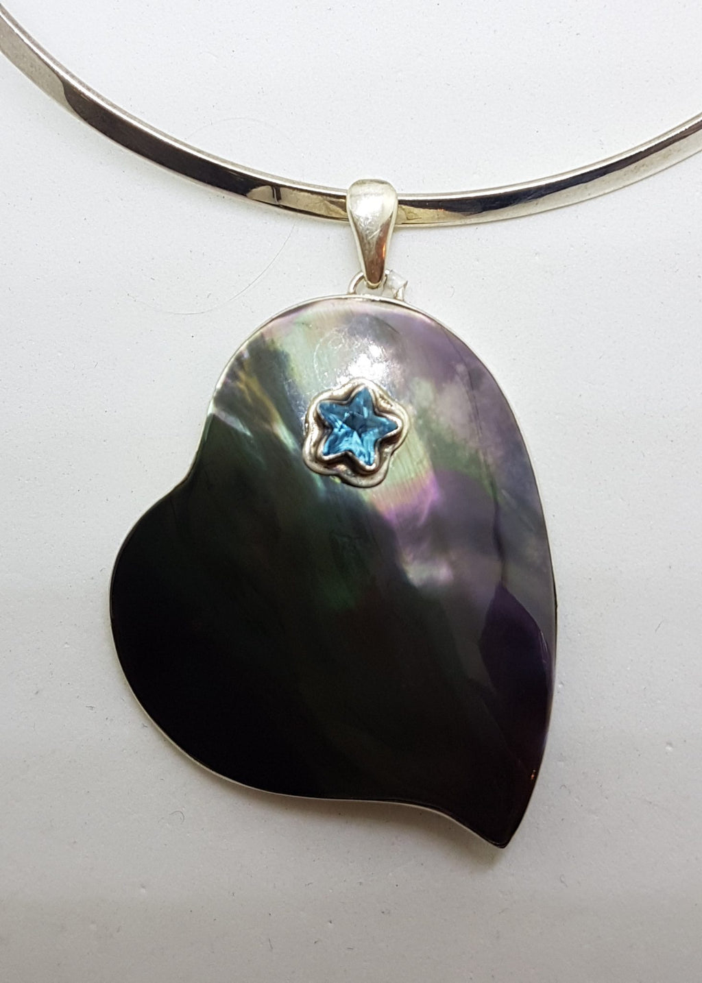 Sterling Silver Very Large Paua Shell Heart with Topaz Star Pendant on Silver Choker Chain / Necklace