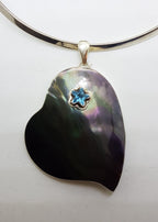Sterling Silver Very Large Paua Shell Heart with Topaz Star Pendant on Silver Choker Chain / Necklace