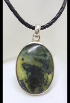 Sterling Silver Large Oval Nephrite Jade Pendant on Black &amp; Silver Chain / Necklace
