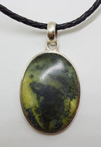 Sterling Silver Large Oval Nephrite Jade Pendant on Black &amp; Silver Chain / Necklace