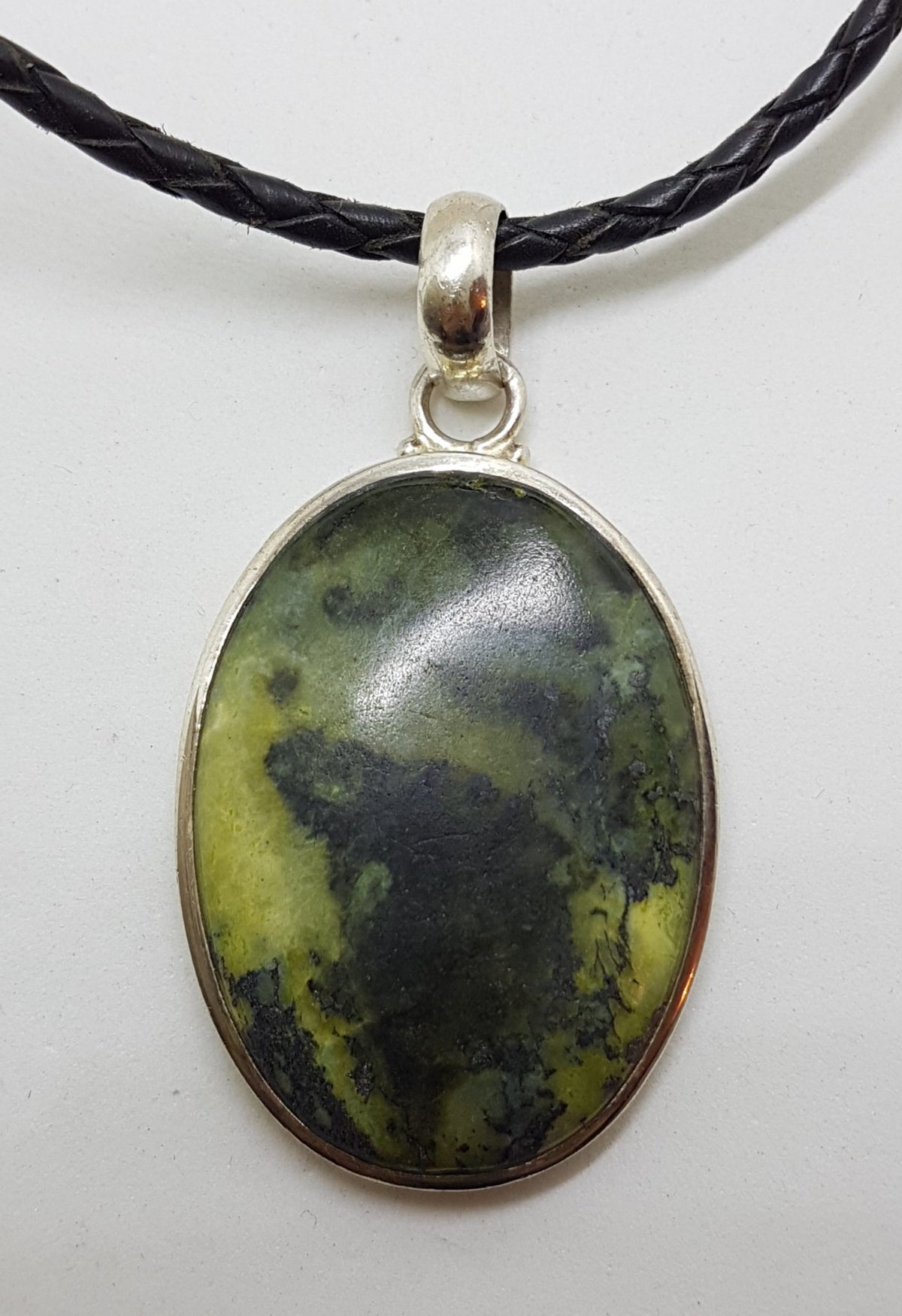 Sterling Silver Large Oval Nephrite Jade Pendant on Black &amp; Silver Chain / Necklace