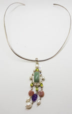 Sterling Silver Long and Ornate Jade, Amethyst, Carnelian, Peridot and Pearl Pendant on Silver Choker Chain / Necklace