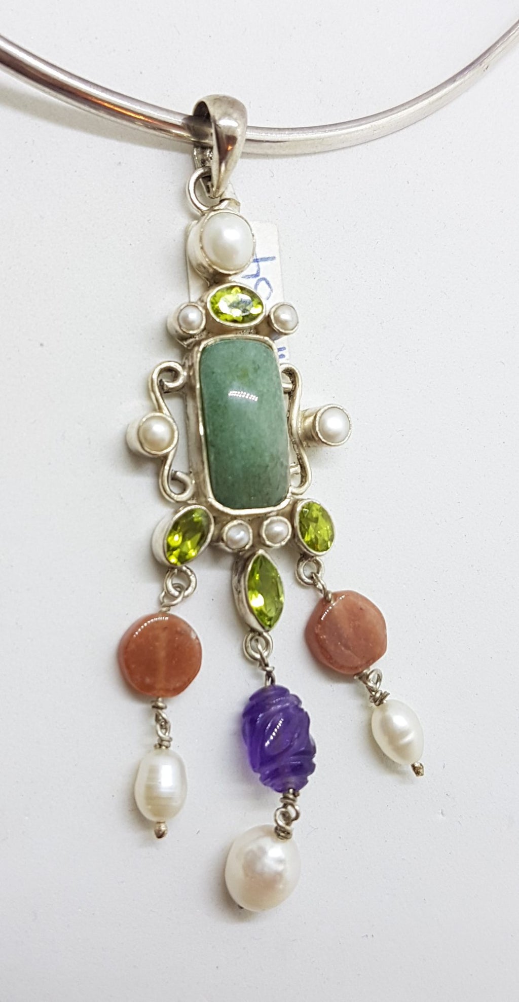 Sterling Silver Long and Ornate Jade, Amethyst, Carnelian, Peridot and Pearl Pendant on Silver Choker Chain / Necklace