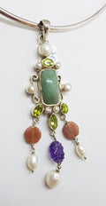Sterling Silver Long and Ornate Jade, Amethyst, Carnelian, Peridot and Pearl Pendant on Silver Choker Chain / Necklace