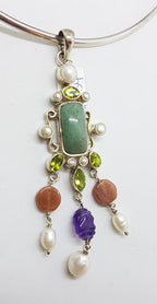 Sterling Silver Long and Ornate Jade, Amethyst, Carnelian, Peridot and Pearl Pendant on Silver Choker Chain / Necklace