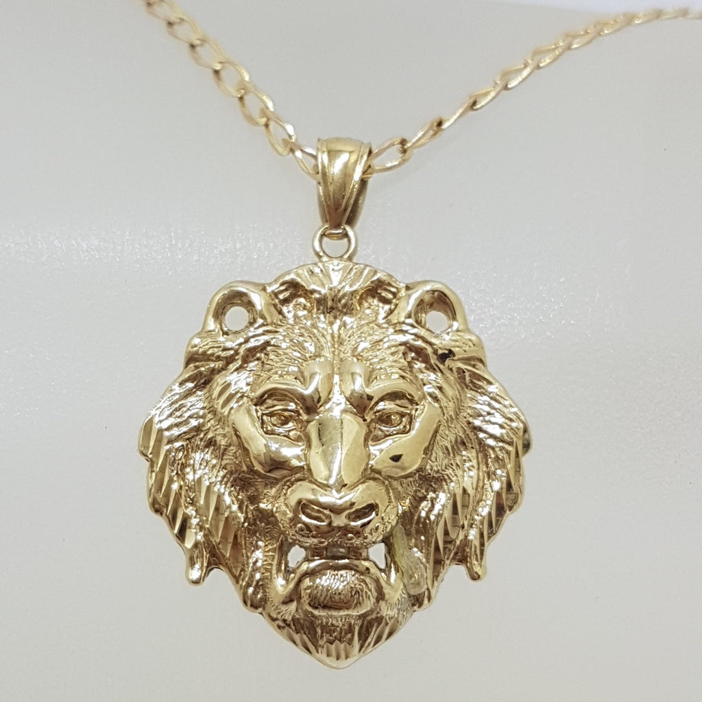 9ct Yellow Gold Large 3D Lion Head Pendant on Gold Chain