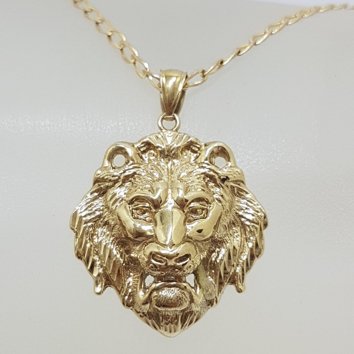9ct Yellow Gold Large 3D Lion Head Pendant on Gold Chain