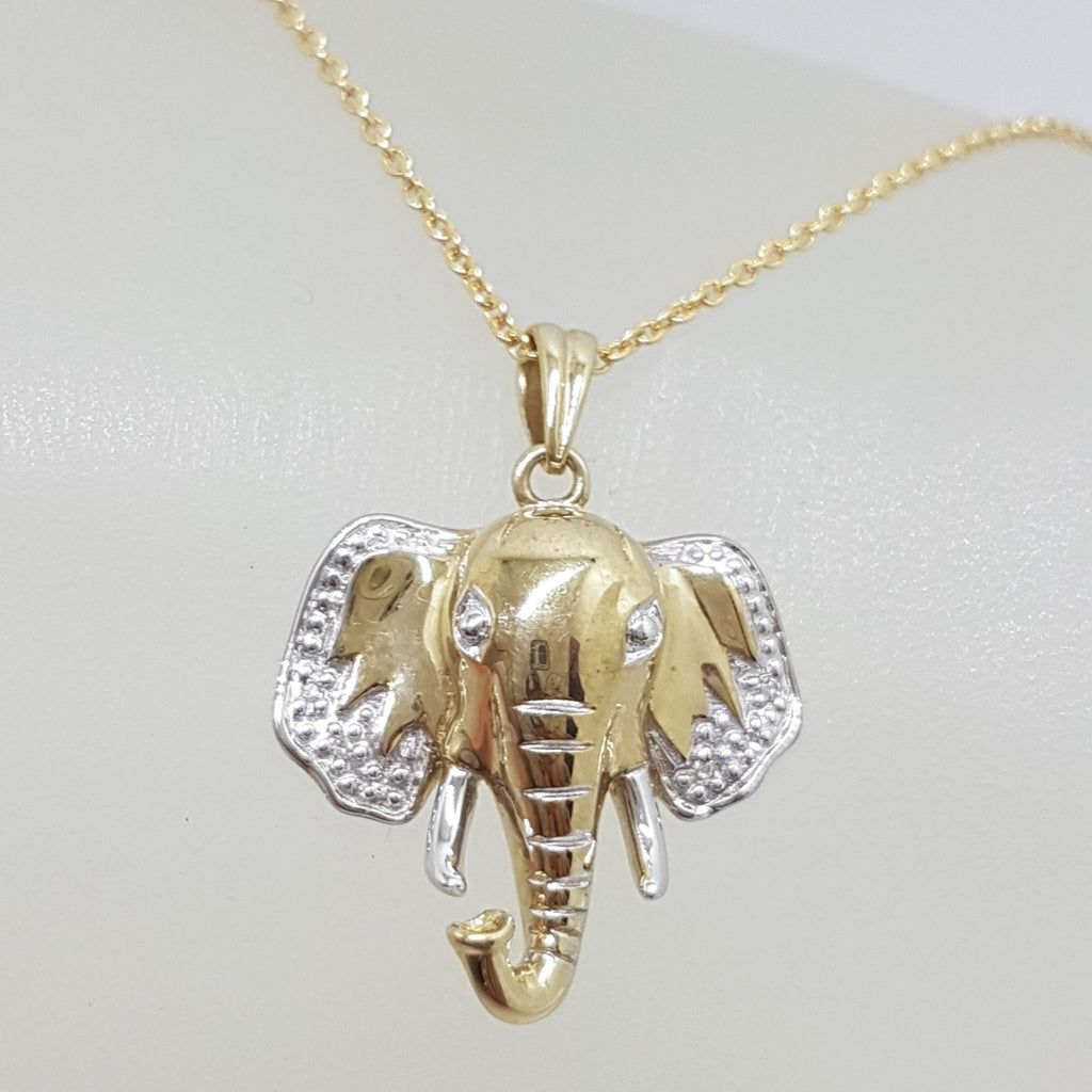 9ct Yellow Gold Diamond Elephant Head Pendant on Gold Chain