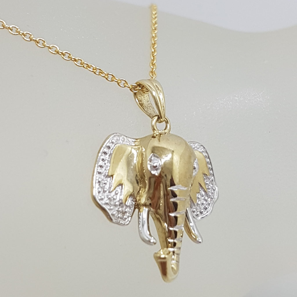 9ct Yellow Gold Diamond Elephant Head Pendant on Gold Chain