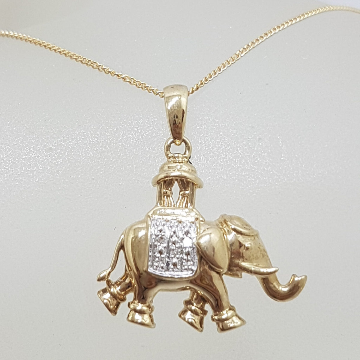 9ct Yellow Gold and Diamond Elephant Pendant on Gold Chain