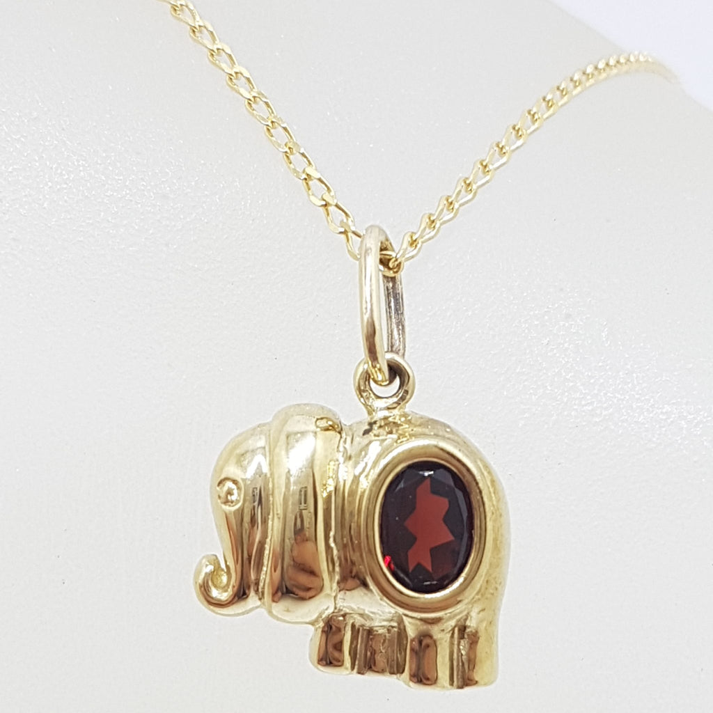 9ct Yellow Gold Garnet Elephant Pendant on Gold Chain