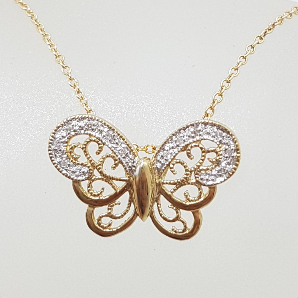 9ct Yellow Gold Ornate Filigree Diamond Butterfly Pendant on 9ct Gold Chain