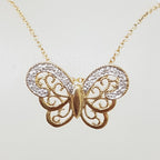 9ct Yellow Gold Ornate Filigree Diamond Butterfly Pendant on 9ct Gold Chain