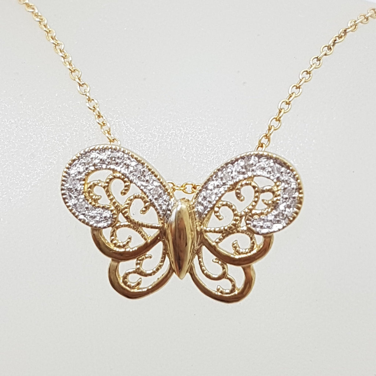 9ct Yellow Gold Ornate Filigree Diamond Butterfly Pendant on 9ct Gold Chain