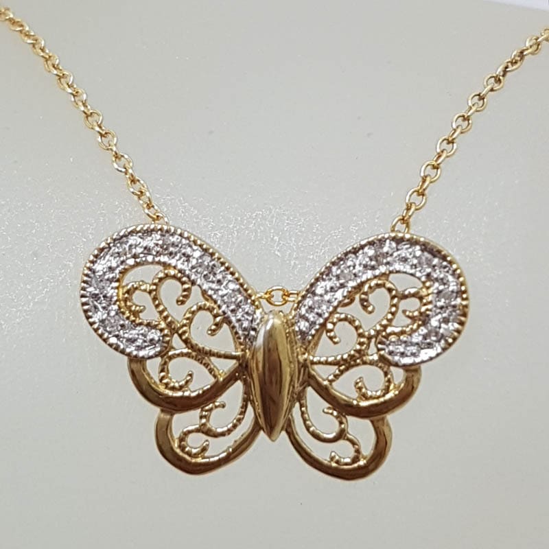 9ct Yellow Gold Ornate Filigree Diamond Butterfly Pendant on 9ct Gold Chain