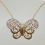 9ct Yellow Gold Ornate Filigree Diamond Butterfly Pendant on 9ct Gold Chain