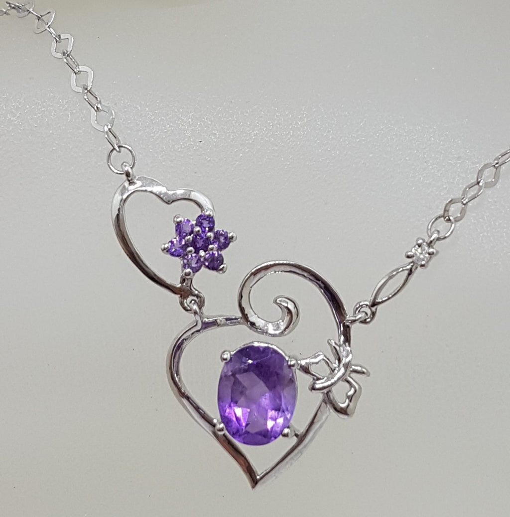 9ct White Gold Amethyst Heart Collier Necklace / Chain