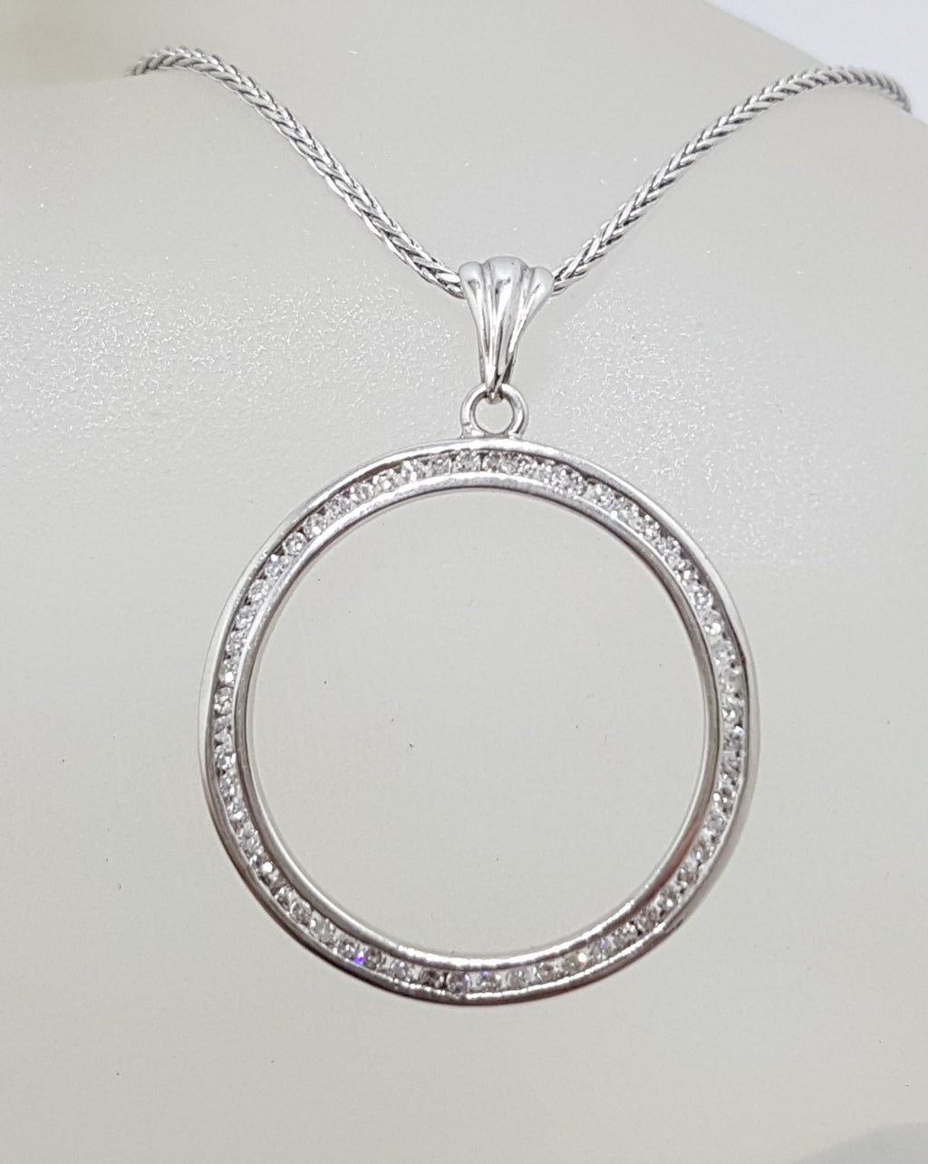 9ct White Gold Channel Set Circle / Round Diamond Pendant on 9ct Chain