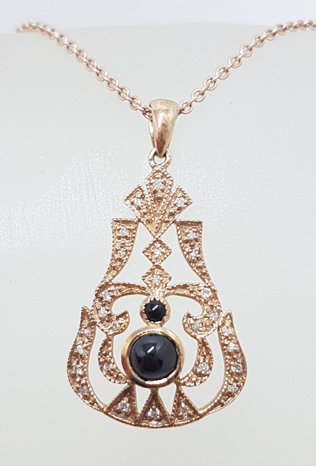 9ct Rose Gold Onyx and Diamond Pendant on 9ct Chain