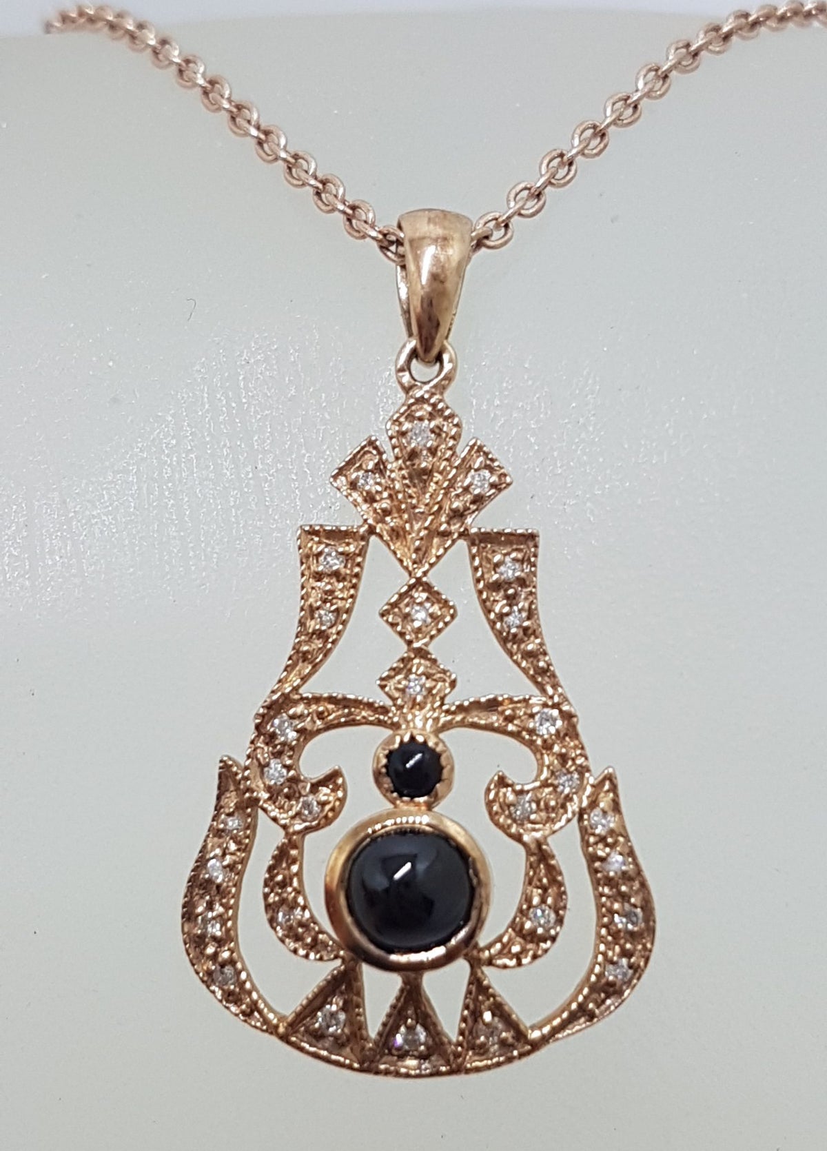9ct Rose Gold Onyx and Diamond Pendant on 9ct Chain
