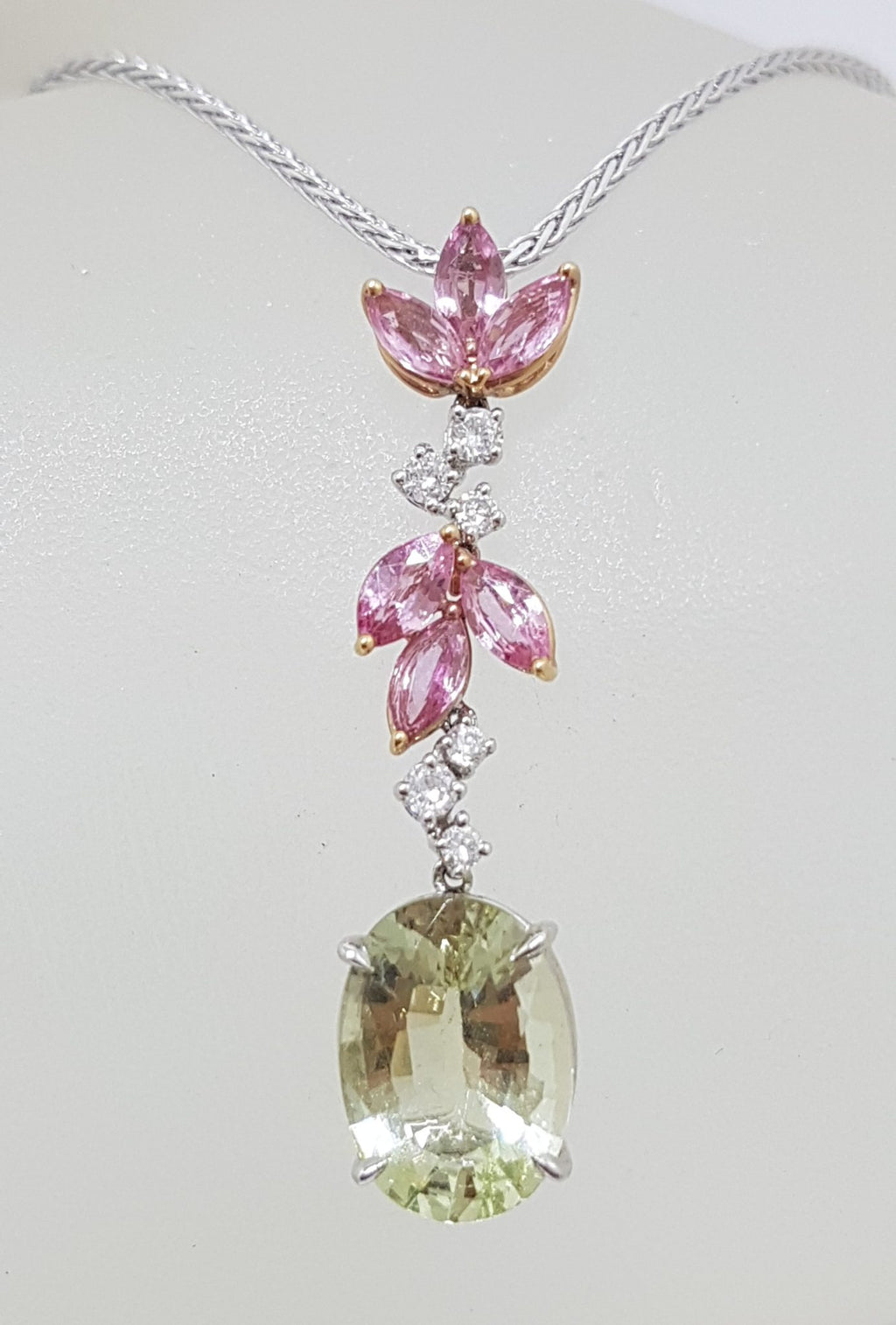 18ct White Gold Ornate Diamond, Pink Sapphire and Lemon Quartz Long Drop Pendant on Gold Chain