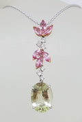 18ct White Gold Ornate Diamond, Pink Sapphire and Lemon Quartz Long Drop Pendant on Gold Chain