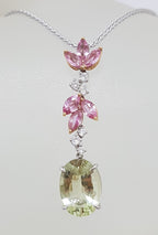 18ct White Gold Ornate Diamond, Pink Sapphire and Lemon Quartz Long Drop Pendant on Gold Chain