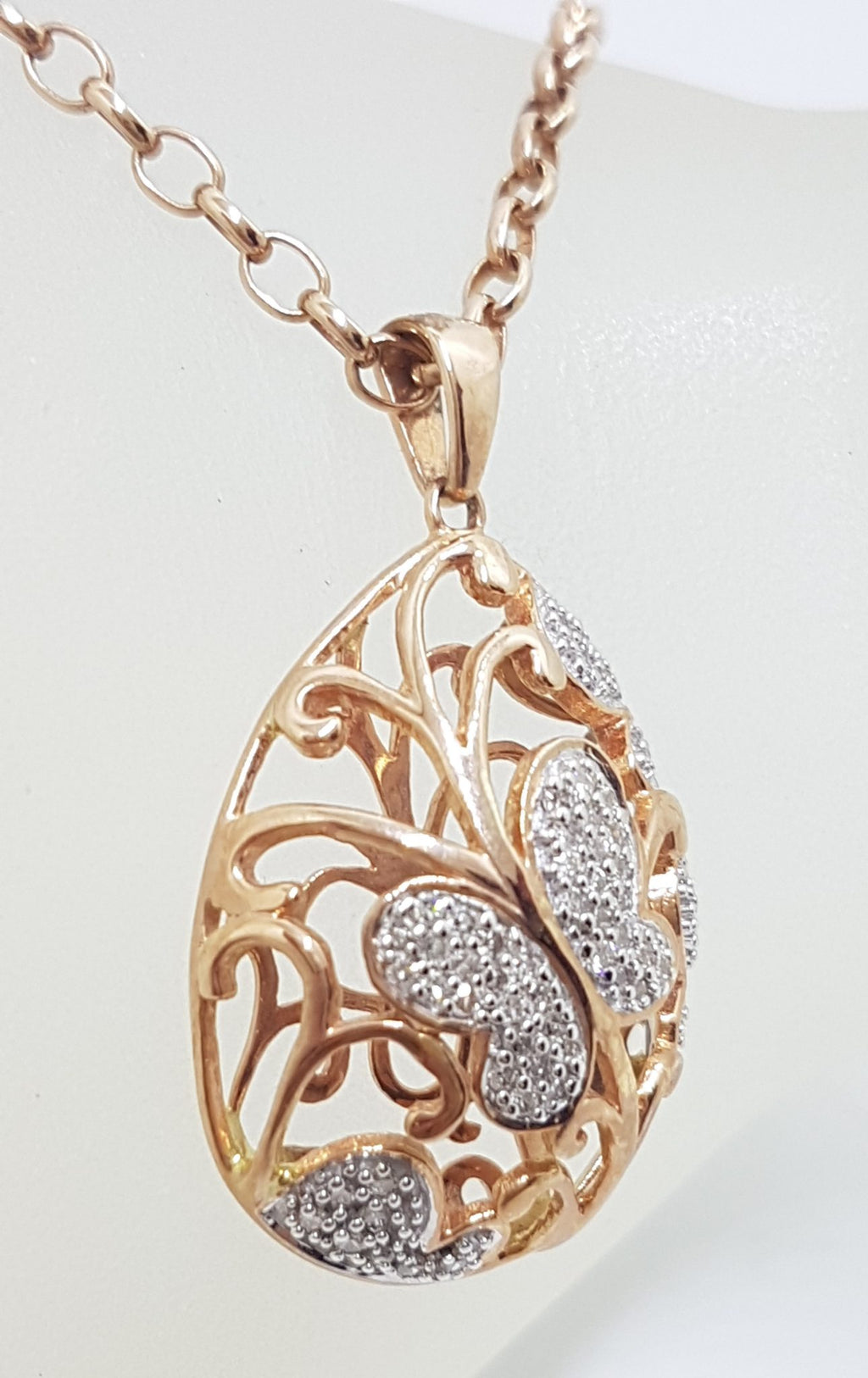 9ct Rose Gold Large Ornate Butterfly Pendant set with Diamonds on 9ct Chain