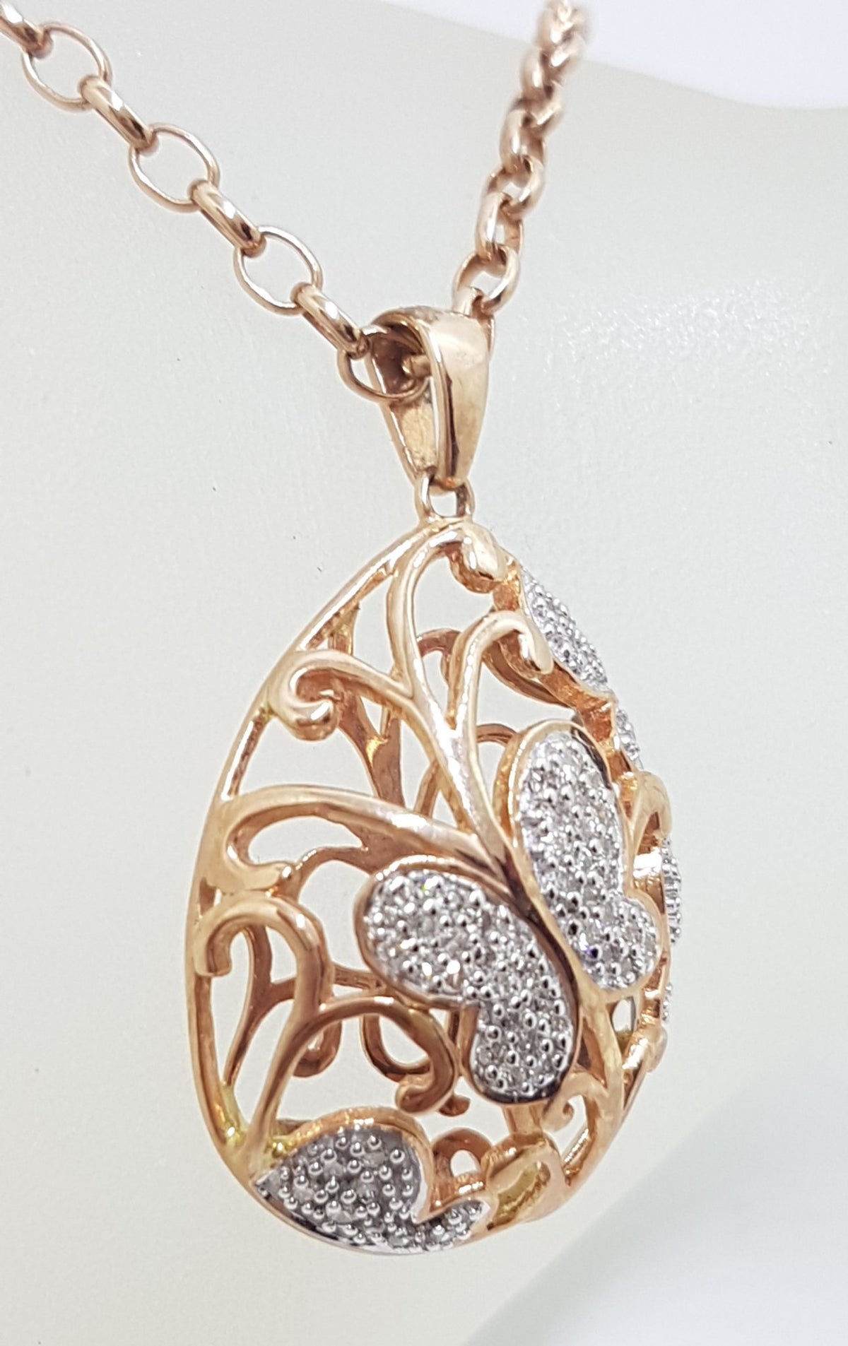 9ct Rose Gold Large Ornate Butterfly Pendant set with Diamonds on 9ct Chain