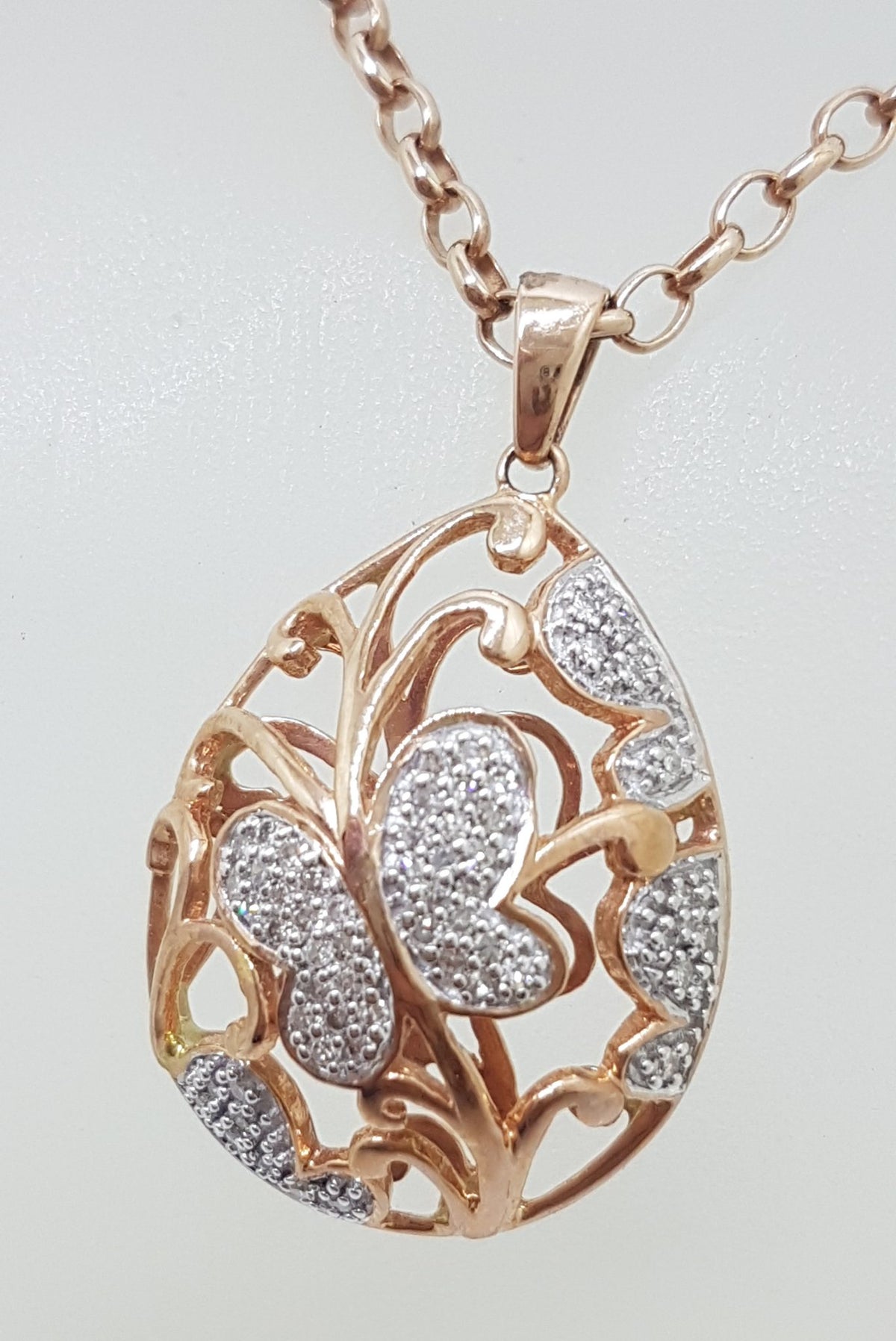 9ct Rose Gold Large Ornate Butterfly Pendant set with Diamonds on 9ct Chain