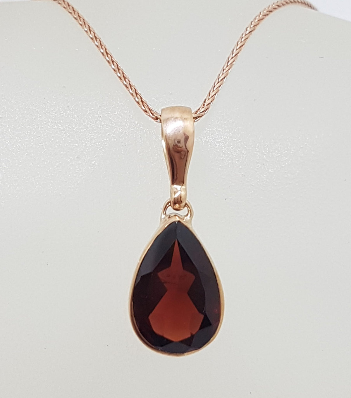 9ct Rose Gold Teardrop Pear Shape Garnet Pendant on 9ct Chain