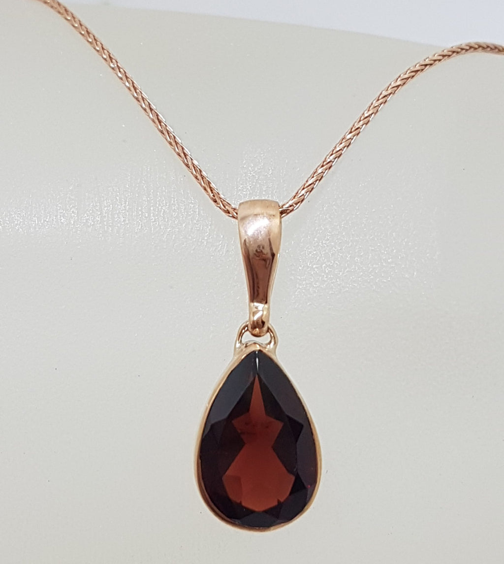 9ct Rose Gold Teardrop Pear Shape Garnet Pendant on 9ct Chain