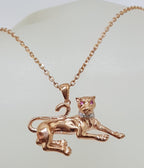 9ct Rose Gold Diamond &amp; Pink Sapphire Panther / Puma / Big Cat Pendant on 9ct Chain