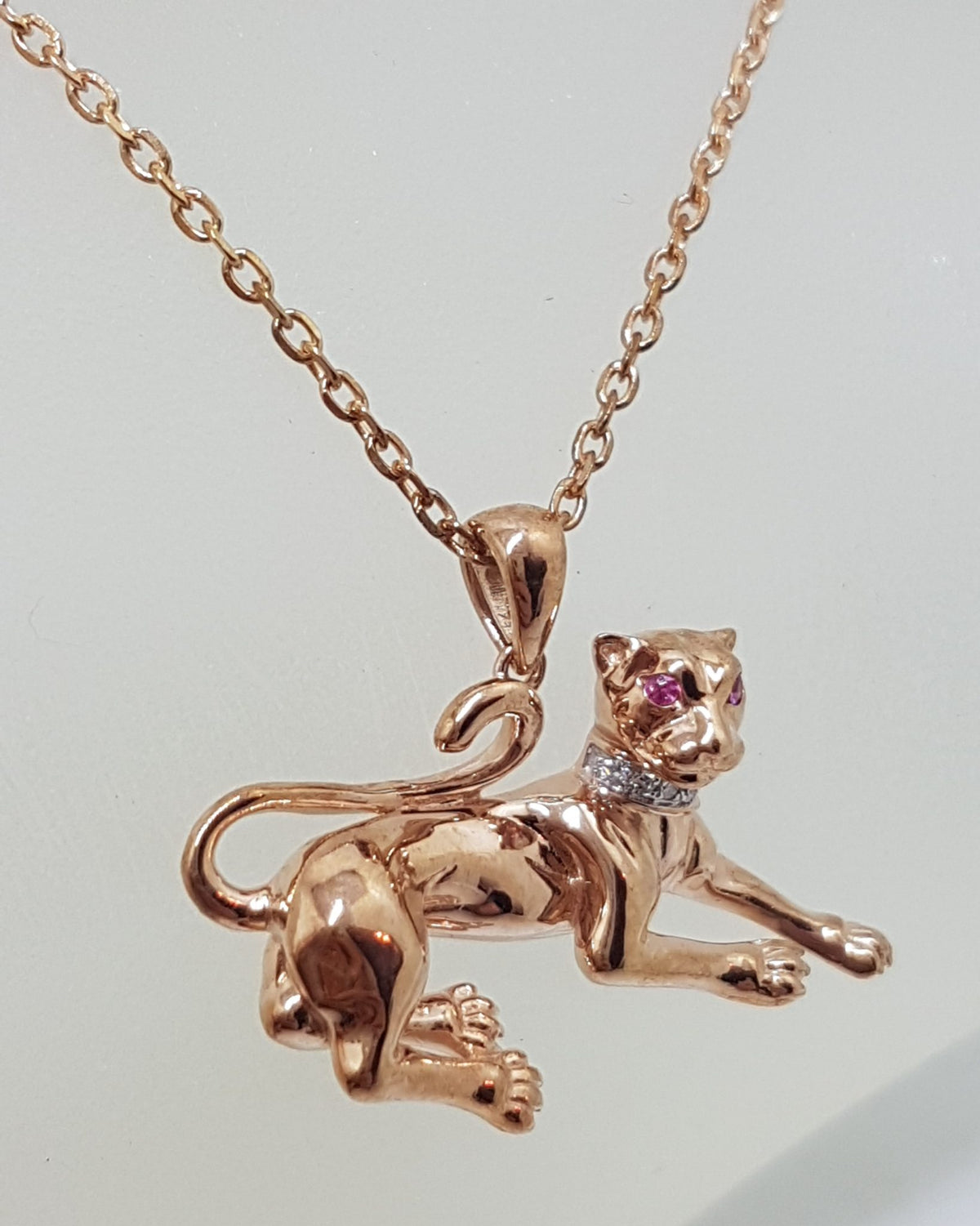 9ct Rose Gold Diamond &amp; Pink Sapphire Panther / Puma / Big Cat Pendant on 9ct Chain