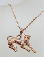 9ct Rose Gold Diamond &amp; Pink Sapphire Panther / Puma / Big Cat Pendant on 9ct Chain