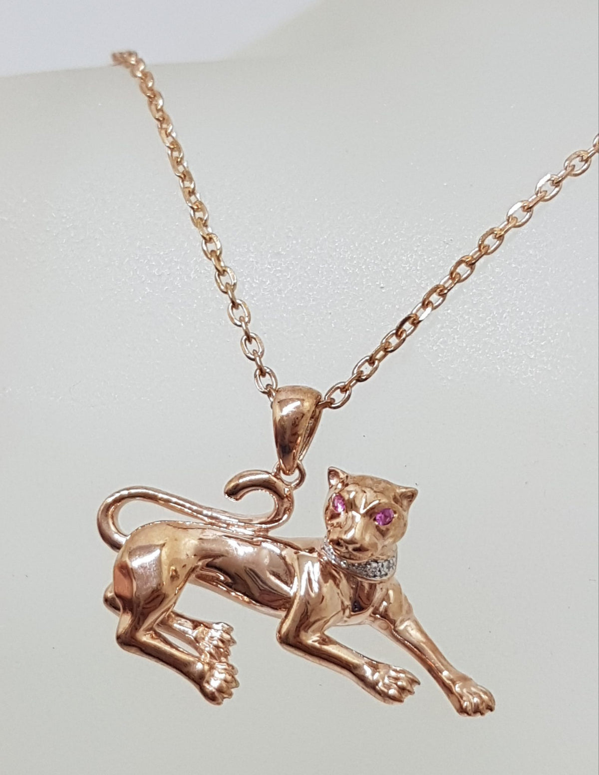 9ct Rose Gold Diamond &amp; Pink Sapphire Panther / Puma / Big Cat Pendant on 9ct Chain