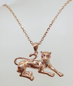 9ct Rose Gold Diamond &amp; Pink Sapphire Panther / Puma / Big Cat Pendant on 9ct Chain